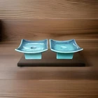 Pair Of Vintage Royal Haeger Pottery Square Candle Holders Blue Drip Glaze R690