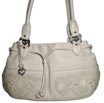 BRIGHTON LOLITA MASTERPIECE COL WHITE EMBROIDERED LEATHER APPLIQUE HANDBAG $350