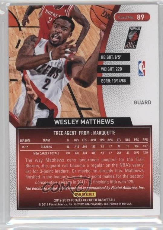 2012-13 Totally Certified Memorabilia Totally Red Wesley Matthews #89 - Image 2 of 2