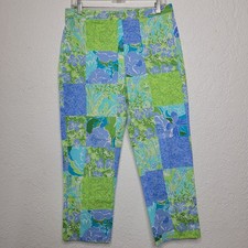 VTG Lilly Pulitzer Patchwork Floral Zoo Cotton Cropped Capri Pants Blue Green   8