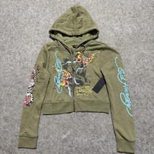 Ed Hardy Hoodie Womens Large Light Olive Zip Up Tattoo Graphic Sweatshirt