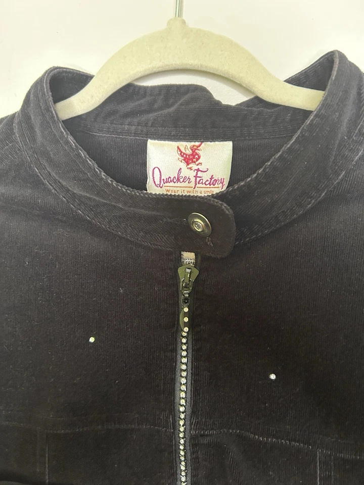 Quacker Factory Women's Stretch Corduroy Jacket Rhinestone Zipper Black Size 2X - Image 3 of 4