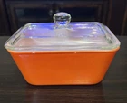 Vtg Reverse Glasbake Orange Milk Glass Refrigerator Dish w Glass Lid USA Rare