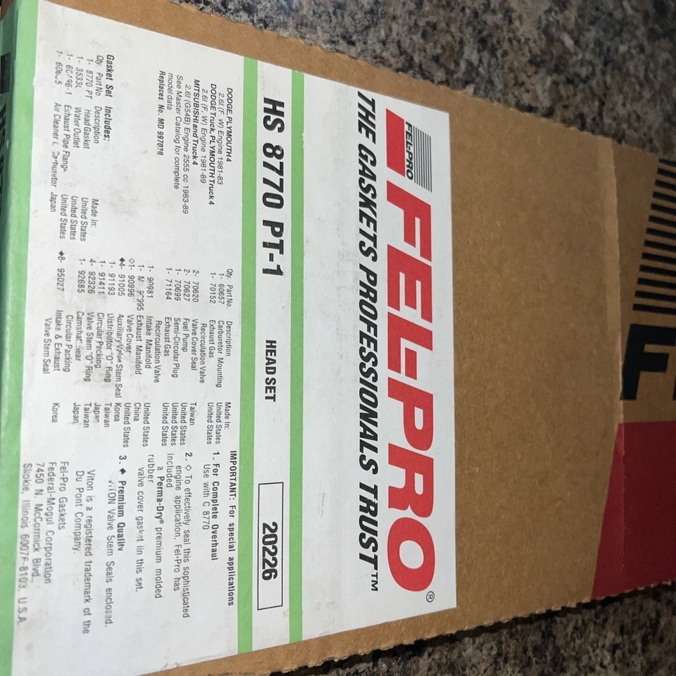 ¡Juego de juntas de cabeza Fel-Pro HS8770 PT-1! ¡Envío gratis! Foto 2 de 3