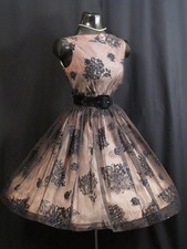 SALE Vintage 50's 50s Black Bronze Illusion Flocked Chiffon PROM Party DRESS