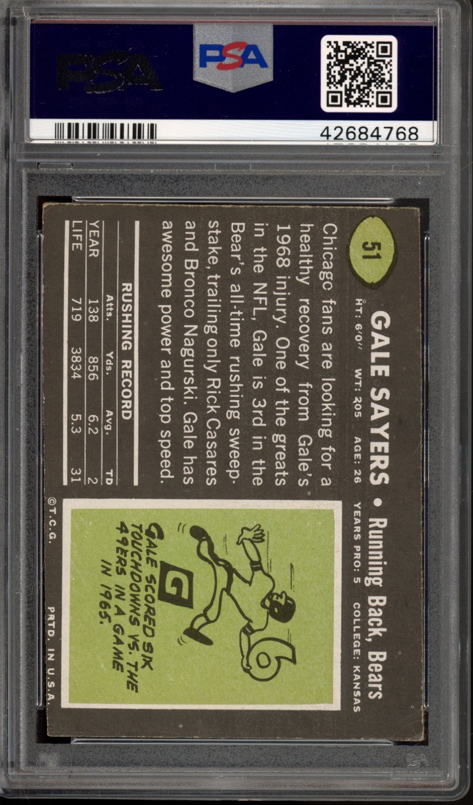 1969 Topps #51 Gale Sayers PSA 4 Vintage HOF Football Card (4768) view 2