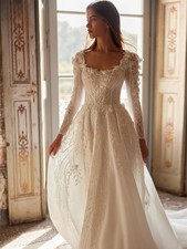 Glitter Beads Tulle Wedding Dresses 3D Flower Sequined Long Sleeve Bridal Gowns