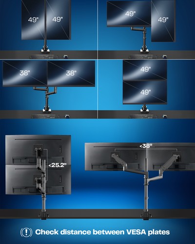 VIVO Pneumatic Arm Dual Ultrawide Monitor Desk Mount for Computer Screens to 49" - 第 4/8 張圖片