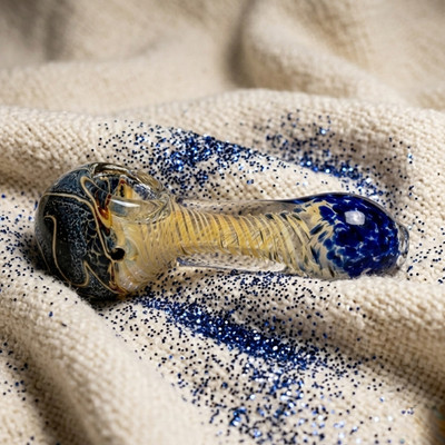 Blue Spiral Striped Color Changing Frit Glass Tobacco Hand Pipe 4'' P2704