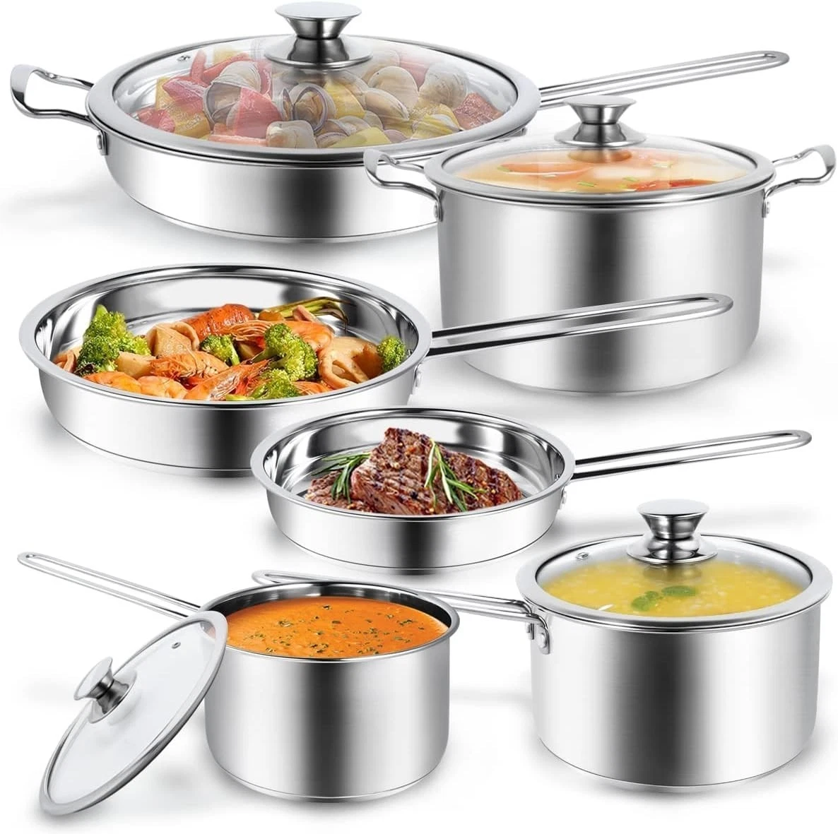 10PC Pots and Pans Set Stainless Steel Cookware Set Ergonomic Handle Saucepans