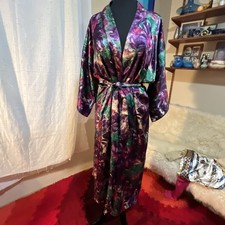 Vintage California Dynasty Floral Liquid Shiny Satin Robe Kimono MIDI Medium USA