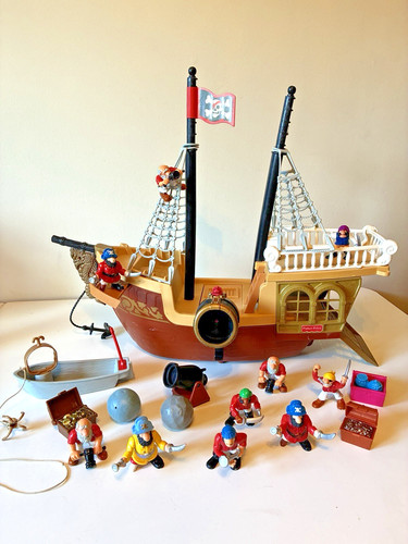 Fisher Price Vtg Great Adventure Pirate Ship 18p Cannon Boat Figures