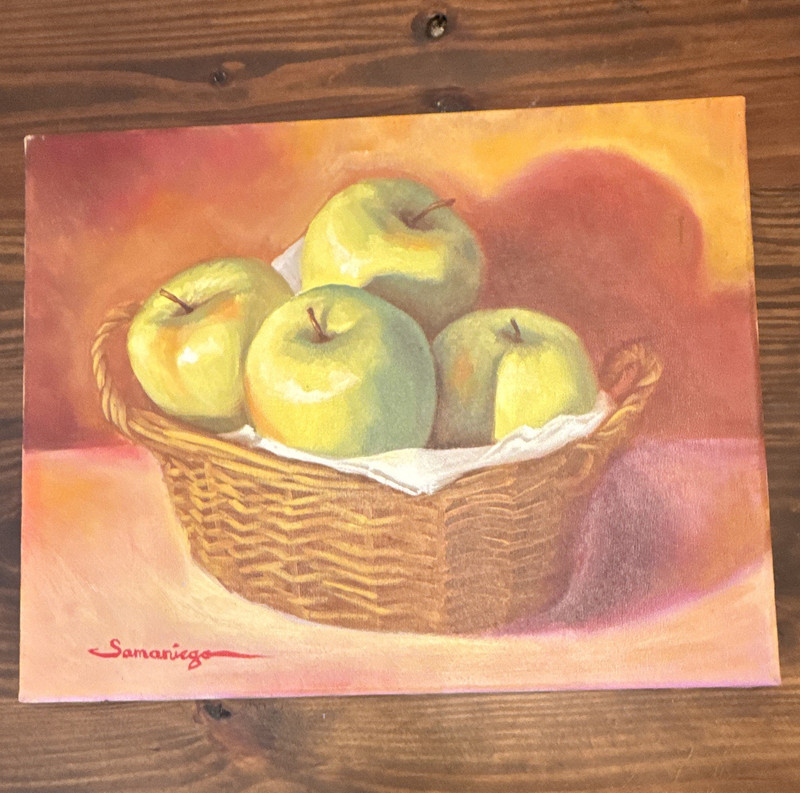 Samaniego Signed Still Life Apples Basket Painting on Canvas 20x16"