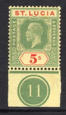 M21235 St Lucia 1923 SG105 - 5/- green & red/pale yellow PLATE (11) single