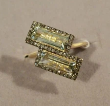 Suzanne Kalan 14K Gold Double Baguette Diamond Green Topaz Ring Ret $1,210 sz 6