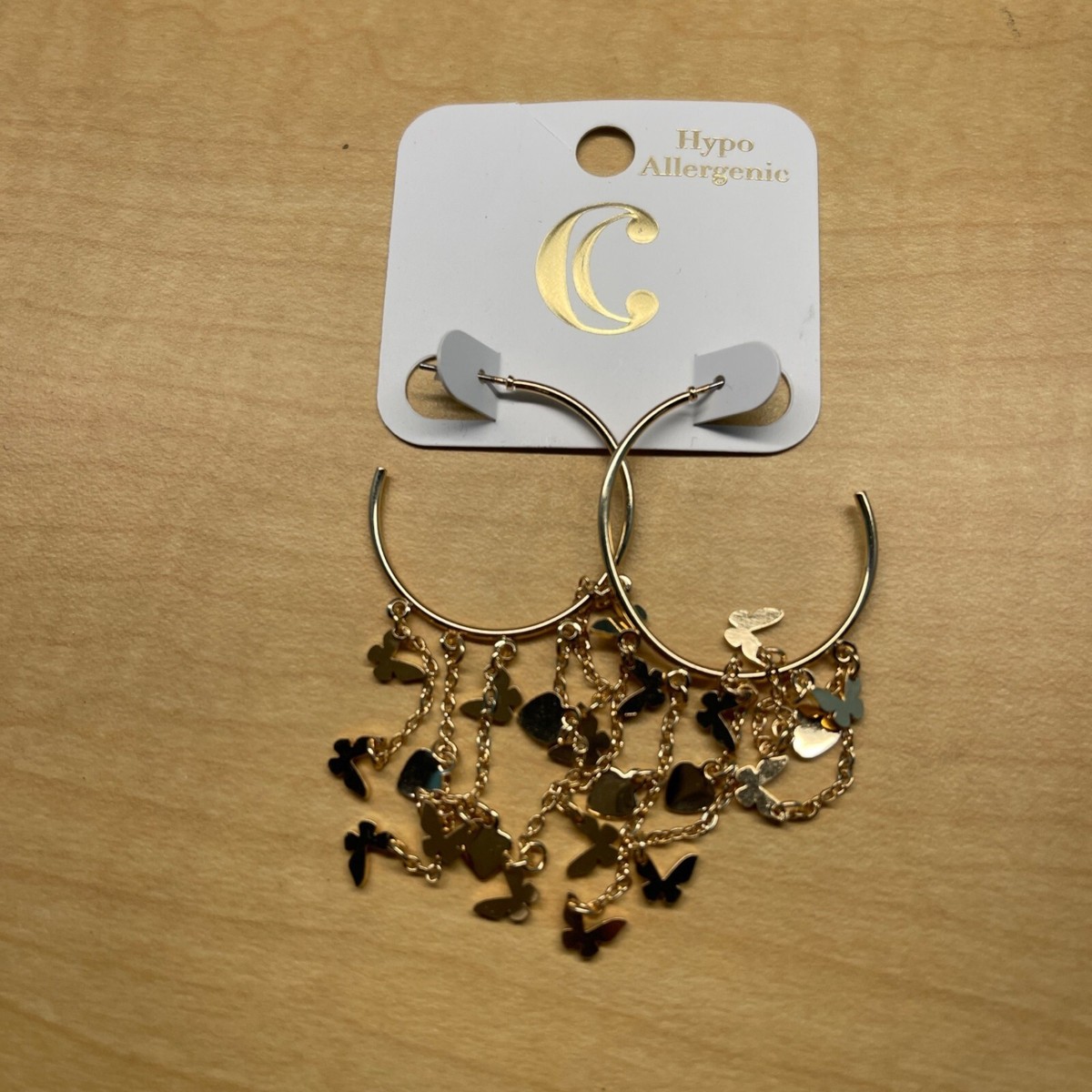 Butterfly Heart Gold-Tone Hoop Earrings With Charms Hypoallergenic