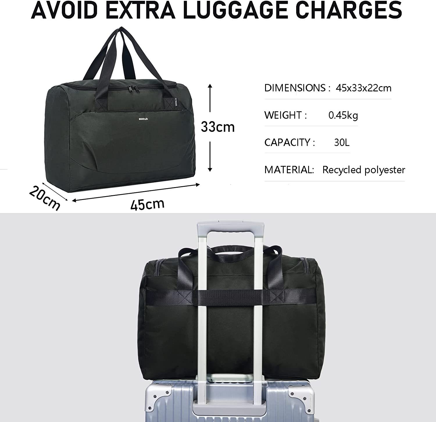 Easyjet Underseat Carryon 45x36x20 EcoFriendly Travel/Gym Bag Grey