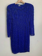 Black Tie Formal Blue Dress Sequin Beaded Zip Round Open Back Vent Lined Size 8