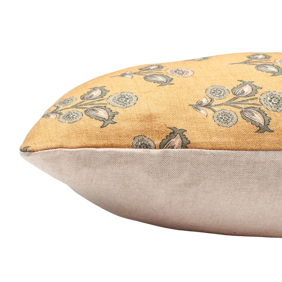 Jaipur Ochre Yellow Linen Blend XL Rectangle Cushion. Green Floral Print. 23x15" - Image 2 of 4