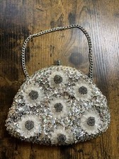 Vintage 1950-60  s Small Silver Bead  Sequin Gray Silk Purse Floral Design