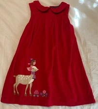 JoJo Maman Bebe Red Wale Cord Dress with Deer and Bird Appliqués EUC Size 5/6