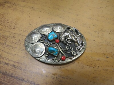 Vintage SQUAW WRAP Silver Nickel Turquoise Red Coral Belt Buckle Bronco Busting