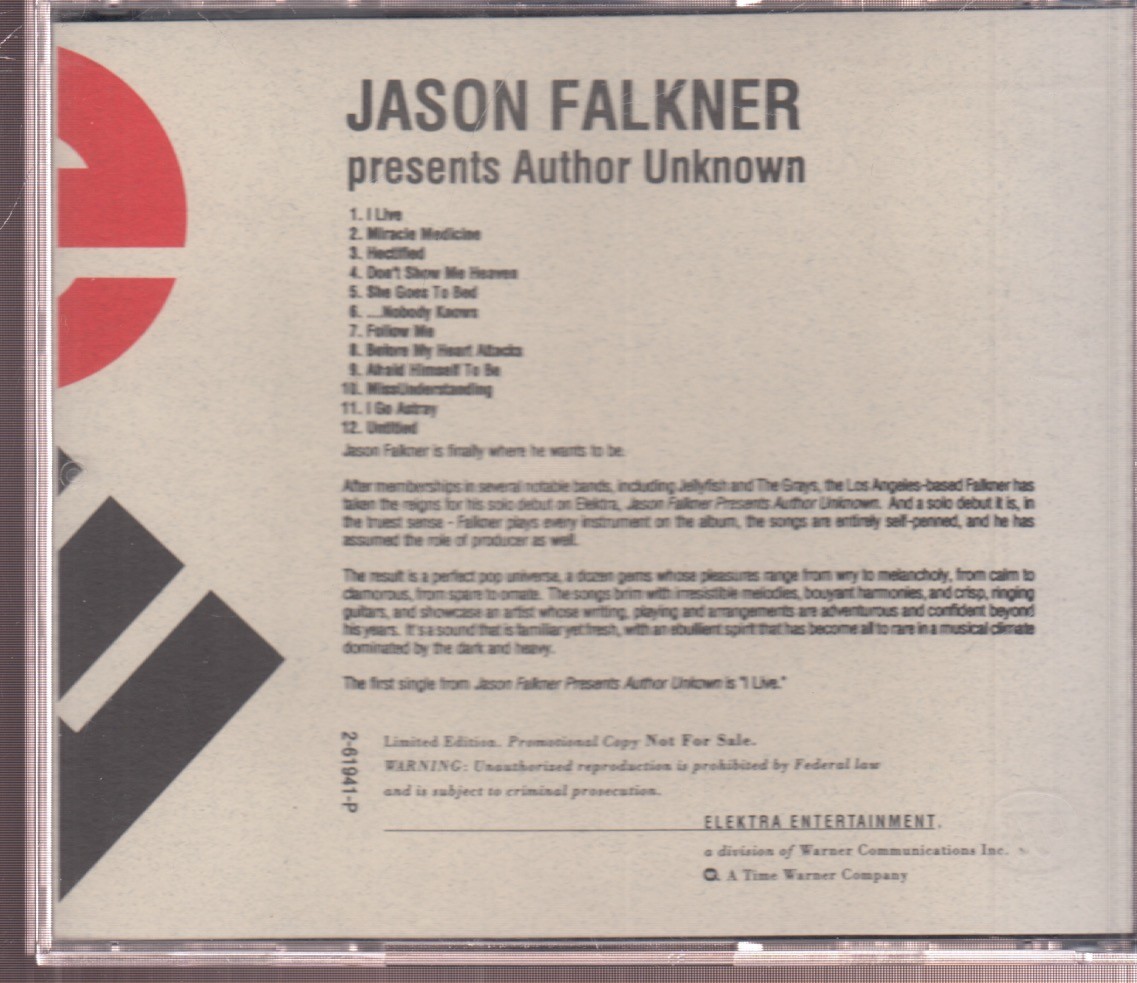 jason falkner presents author unknown cd promo  ex jellyfish