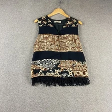 Chaus Petite Women’s Boho Vest M Black Brown Tribal Print Fringe Festival Top