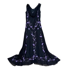 Vintage Black 100 Silk 3D Floral Embroidered Evening Gown maxi Dress 8 fairy