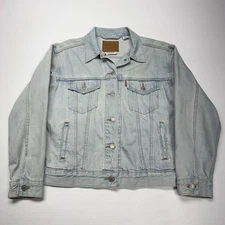 Levi's Premium Mens Denim Trucker Jacket L Blue Light Wash Pleated Workwear