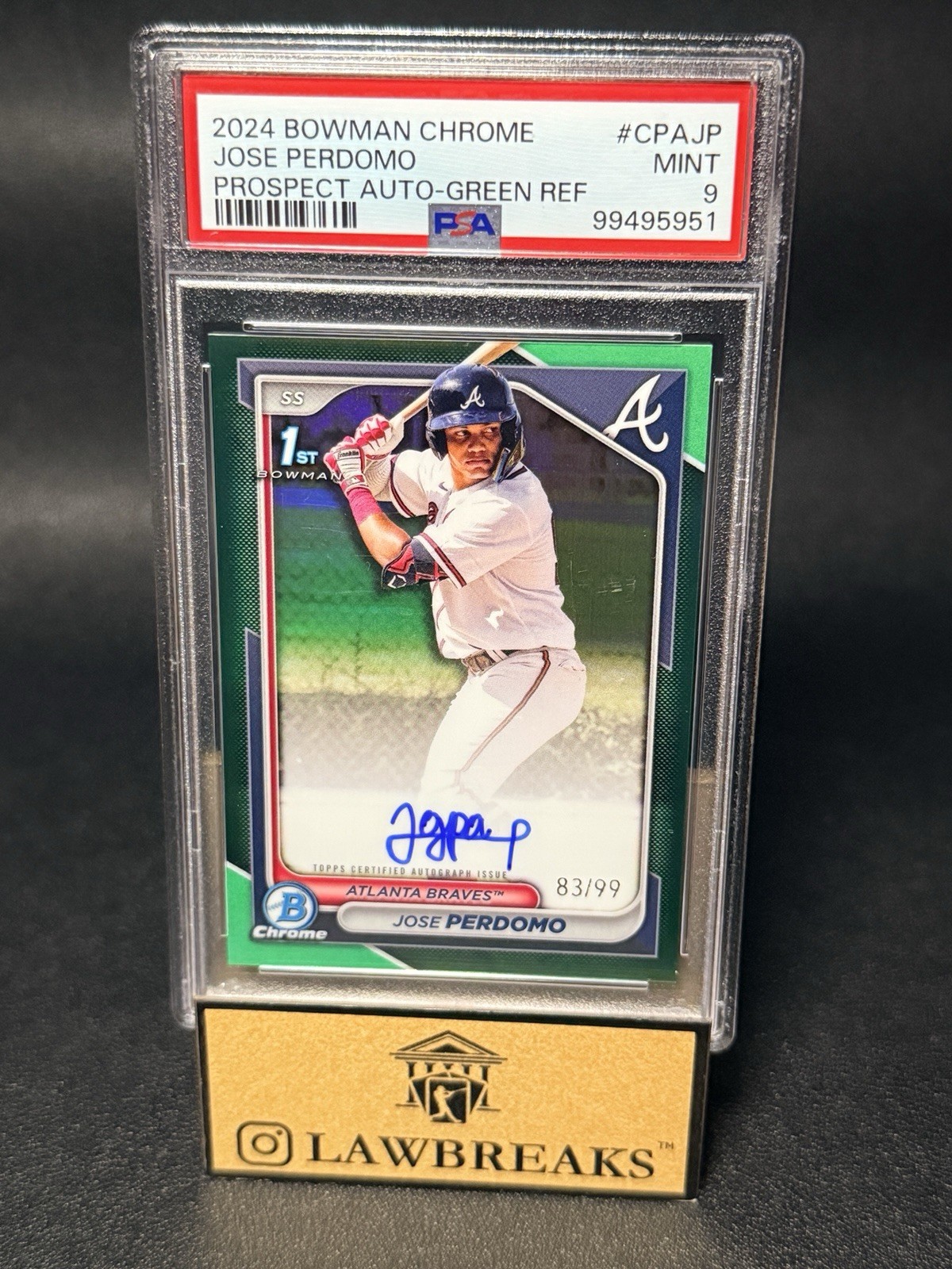 2024 BOWMAN CHROME PROSPECT AUTO GREEN /99 - 1ST RC CPAJP - JOSE PERDOMO - PSA 9