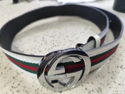 Gucci GG Silver Interlocking Buckle Web Belt White, Green, Red Size 105 cm Used