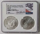 2021 SILVER EAGLE Last - First Day of PRODUCTION in DUAL HOLDER  NGC MS70  🦅