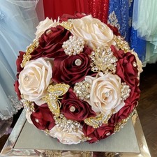 Burgundy Ivory Gold Artificial Rose Wedding Bouquet with Silk and Pearl Accents