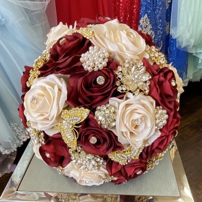 Burgundy Ivory Gold Artificial Rose Wedding Bouquet with Silk and Pearl Accents