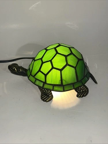 Vintage Brass Tiffany Style Turtle Accent Lamp Night Light Stained Glass Works!