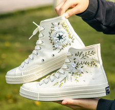 Custom Embroidered Wedding Converse, White Flowers Embroidered Sneakers for Brid