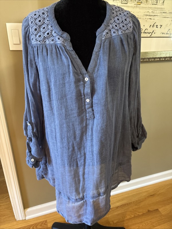 DOLMA Tunic dress Linen V-Neck crochet trim rolled long Sleeve coverup M