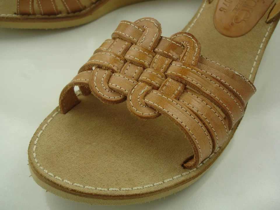 Sandalias Huarache De Colección Años 70 Para Mujer 7.5 M Fanfarres Cuero Tejido Tostado Correa al Tobillo Foto 3 de 4