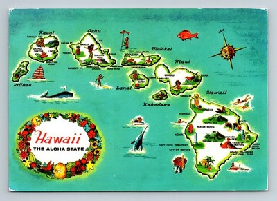 Postcard Hawaii Pictorial Map Kauai Oahu Molokai Maui Nihau Lanai Kahoolawe PC