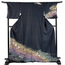 Japanese Silk Houmongi Kimono L 170cm Ink color Grass and flowers Flowing water