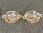 Set 2 pink depression glass berry bowls, dimpled pattern w shell handles 4.5" di