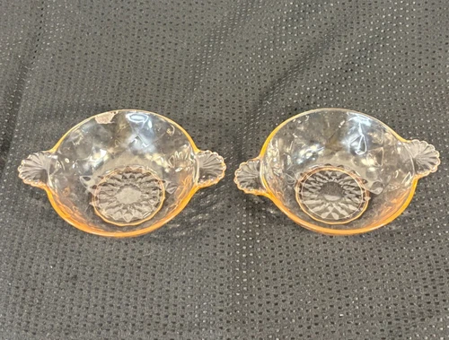 Set 2 pink depression glass berry bowls, dimpled pattern w shell handles 4.5" di