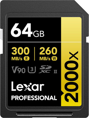 Lexar 64GB Professional 2000X SD Card, UHS-II, C10, U3, V90, Full HD, 8K, up to
