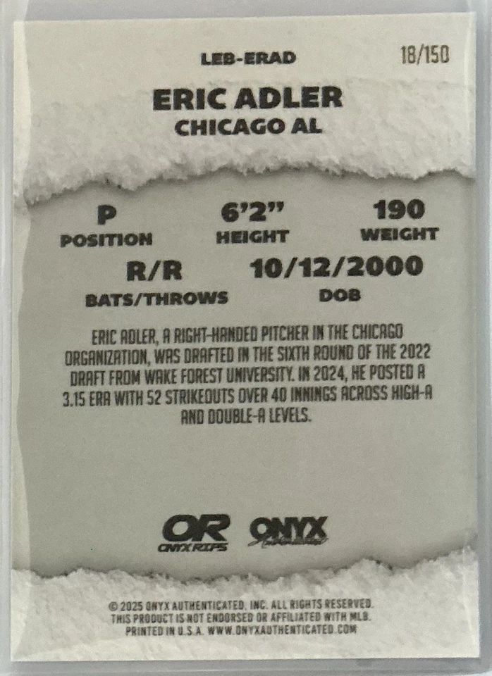Eric Adler #LEB-ERAD⚾️2025 Onyx Rips LE Refractor On Card Auto 18/150 White Sox - Image 2 of 2