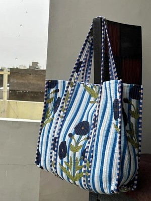 Indian Blue Stripe Print Quilt Shoulder Bag Women's Beach Cotton Tote Handbag US