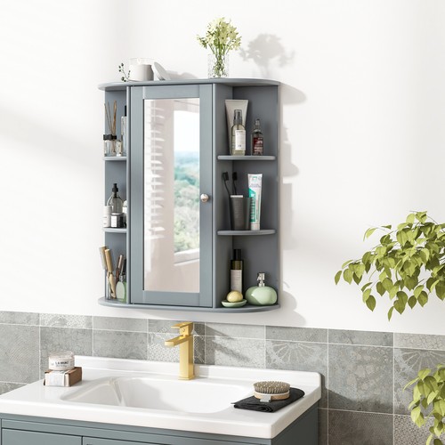 Costway Wall Mount Cabinet Single Door Shelves Bathroom Cabinet W/ Mirror Grey - Picture 3 of 8
