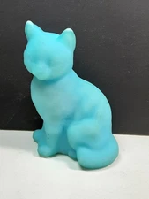 Fenton Turquoise Blue Satin Undecorated Sitting Cat