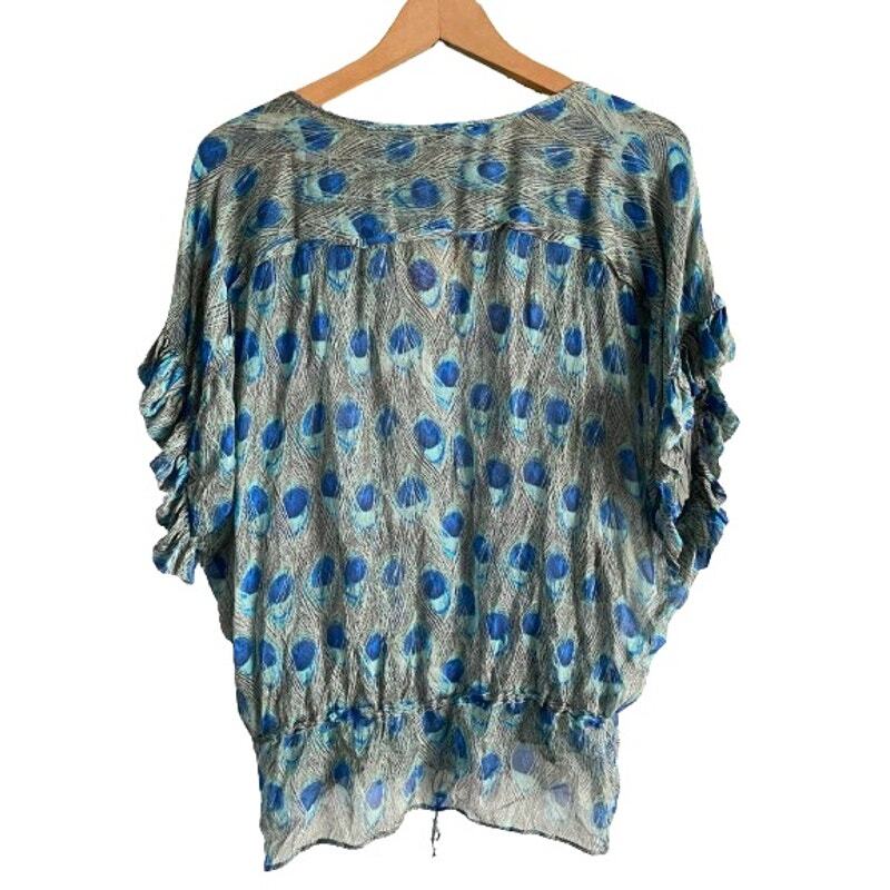 Zara Woman Silk Sheer Peacock Feather Blouse Flutter Ruffle Sleeve Sz S