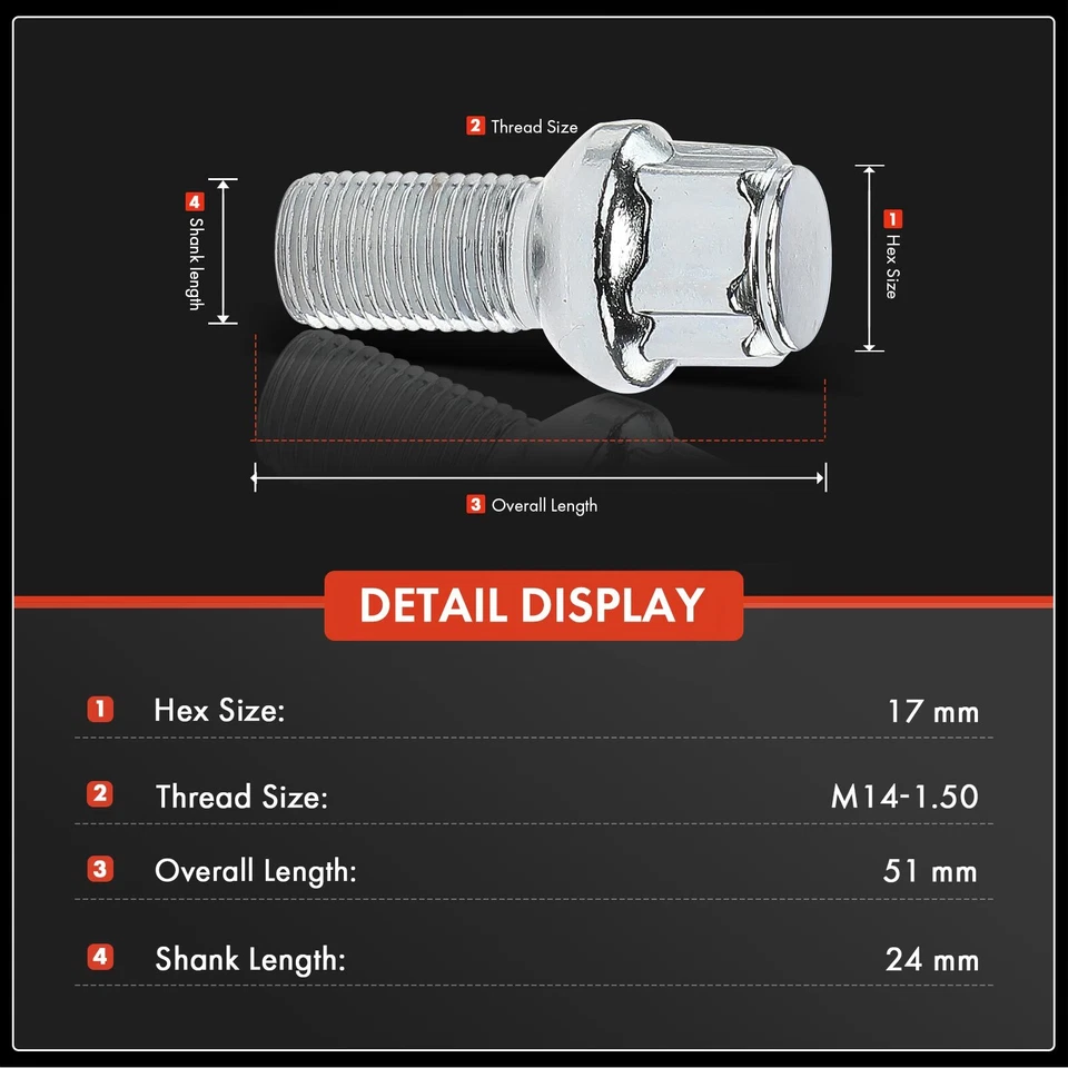 4 болта-гвоздики для замка колеса M14x1,5 мм и 1 ключ для Audi A3 A4 A6 TT Porsche 911 Macan - Изображение 2 из 4